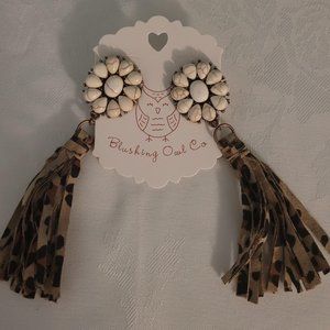 White Turquoise Leopard Print Tassel Earrings